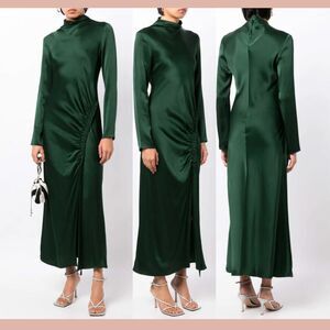 NEW $1750 LaPointe [ 8 ] Sally Satin Bias‎ Tab Slit Maxi Dress Dark Green
